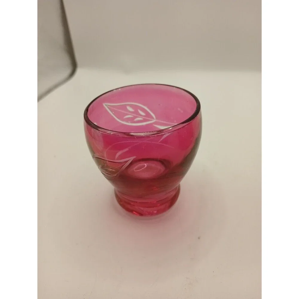 MCM Vintage Etched Cranberry Glass DECANTER With 5 Cordial Shot Glasses Red